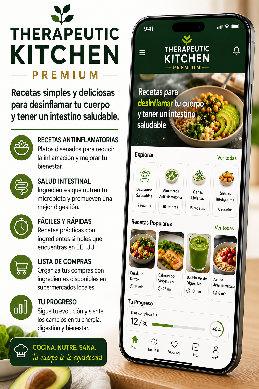 Smartphone mostrando la guía de recetas saludables Therapeutic Kitchen Premium
